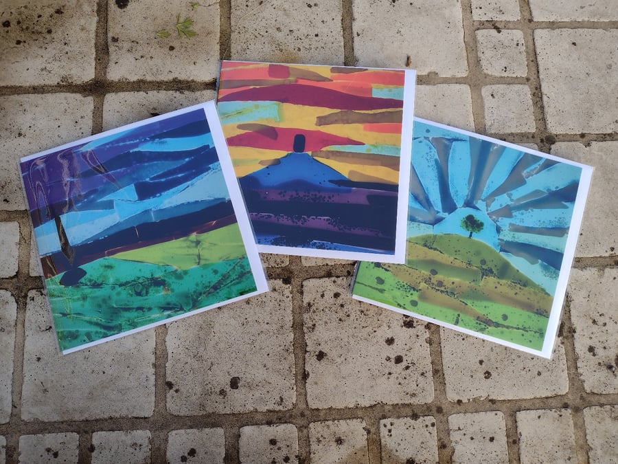 Set of 3 fused glass art greetings cards Glastonbury Tor, Ham Hill, Burrow Hill