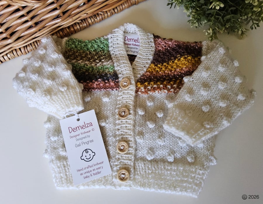  Designer Hand KnittedBobble Baby Cardigan with Merino Wool 0-3 months size