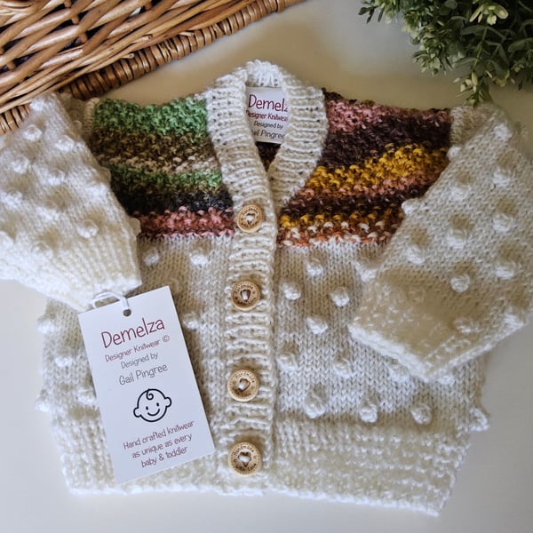  Designer Hand KnittedBobble Baby Cardigan with Merino Wool 0-3 months size