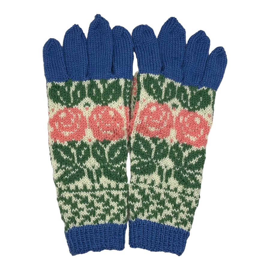  Gloves with floral rose pattern hand knitted in pure wool, ladies gift
