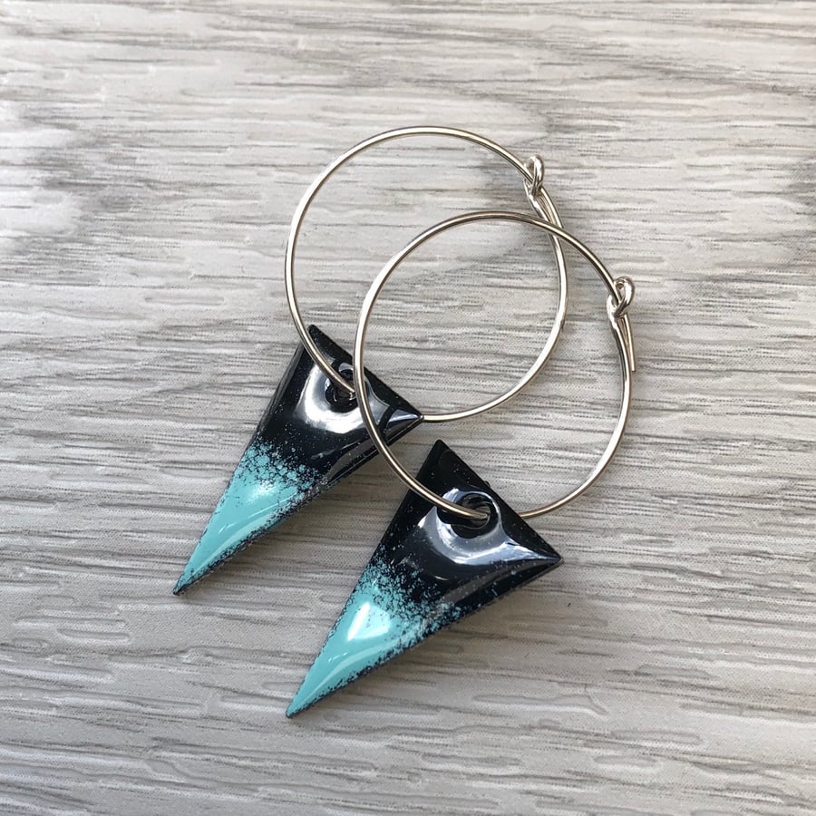 Black & Turquoise Enamel Triangle on Sterling Silver hoop earrings
