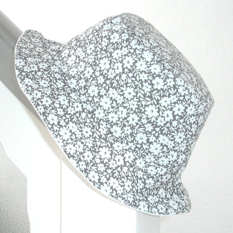 Sun Hat Bucket Hat Taupe and White Floral Reversible Summer Hat
