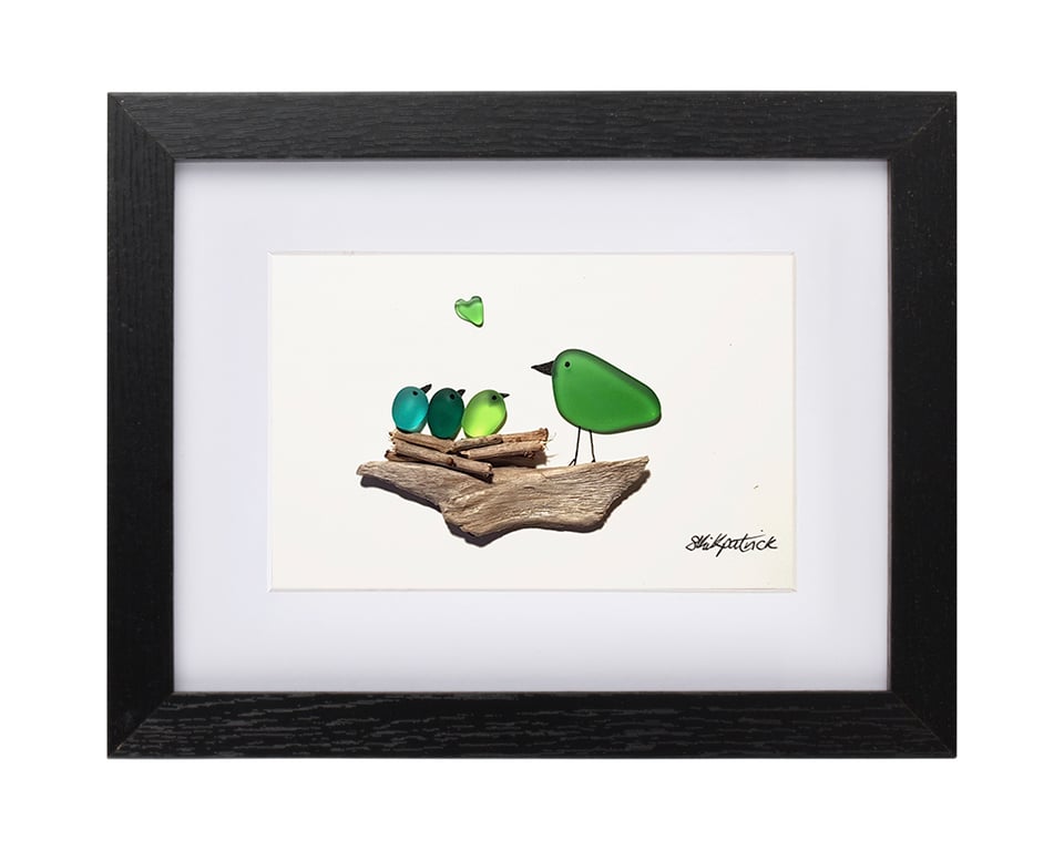 Green Nesting Birds - 3 Babies - Sea Glass Picture - Framed Unique Handmade Art