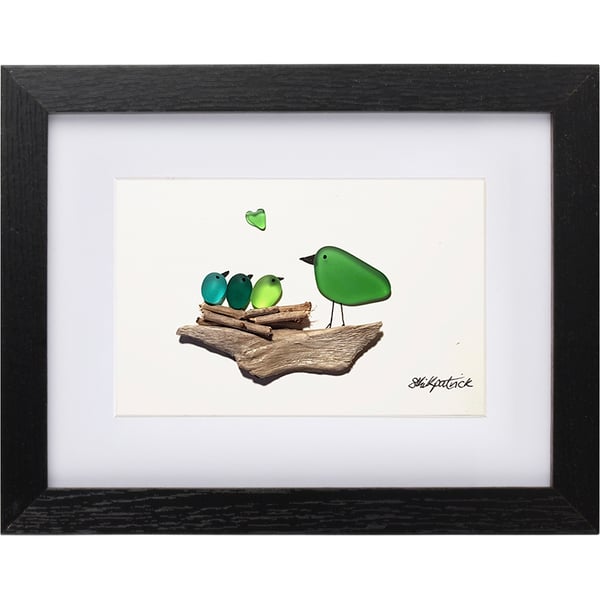 Green Nesting Birds - 3 Babies - Sea Glass Picture - Framed Unique Handmade Art