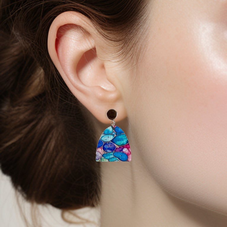 Stud drop earrings, colourful, abstract blue pink teal, half oval shape (838)