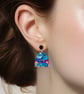 Stud drop earrings, colourful, abstract blue pink teal, half oval shape (838)