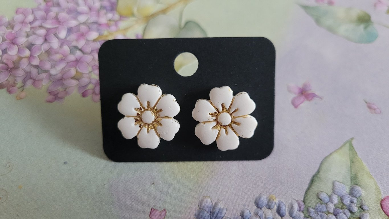 Handmade Polymer Clay White and Gold Flower Earrings, 316 Stainless Steel