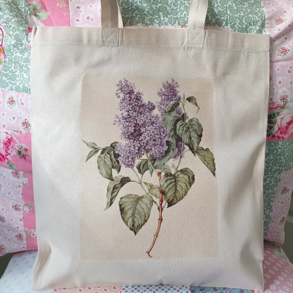 Cotton Tote with Lilac Flower Print Illustration