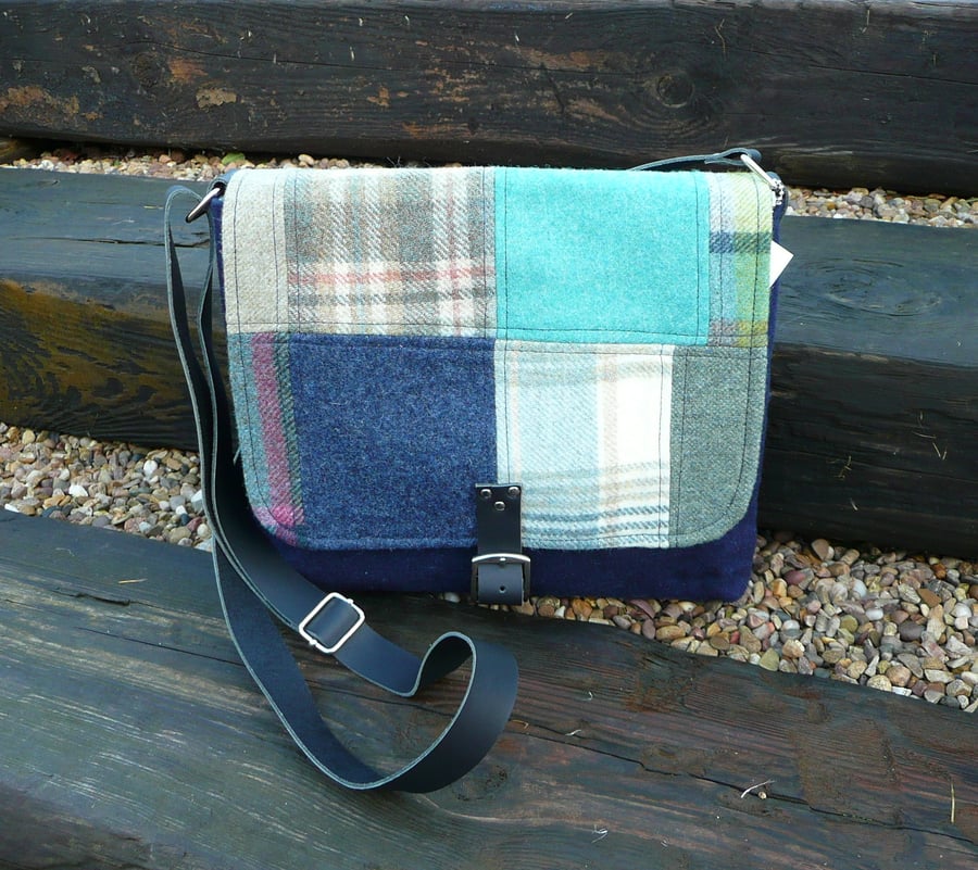 Tweed crossbody bag, patchwork shoulder bag, teal, blue, green wool handbag