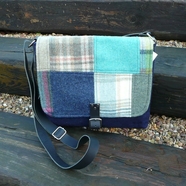 Tweed crossbody bag, patchwork shoulder bag, teal, blue, green wool handbag