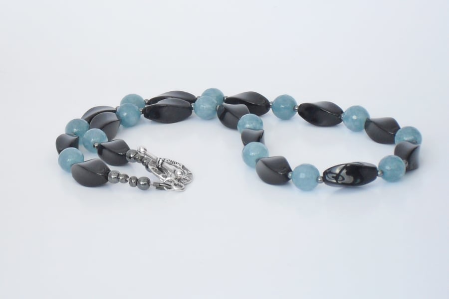Blue aquamarine and black onyx necklace 