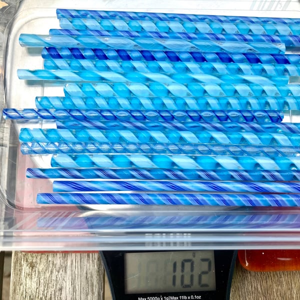 100g Mixed Blues Bullseye 90 coe glass Vitrigraph twisted cane (2023-9-bwc-16)