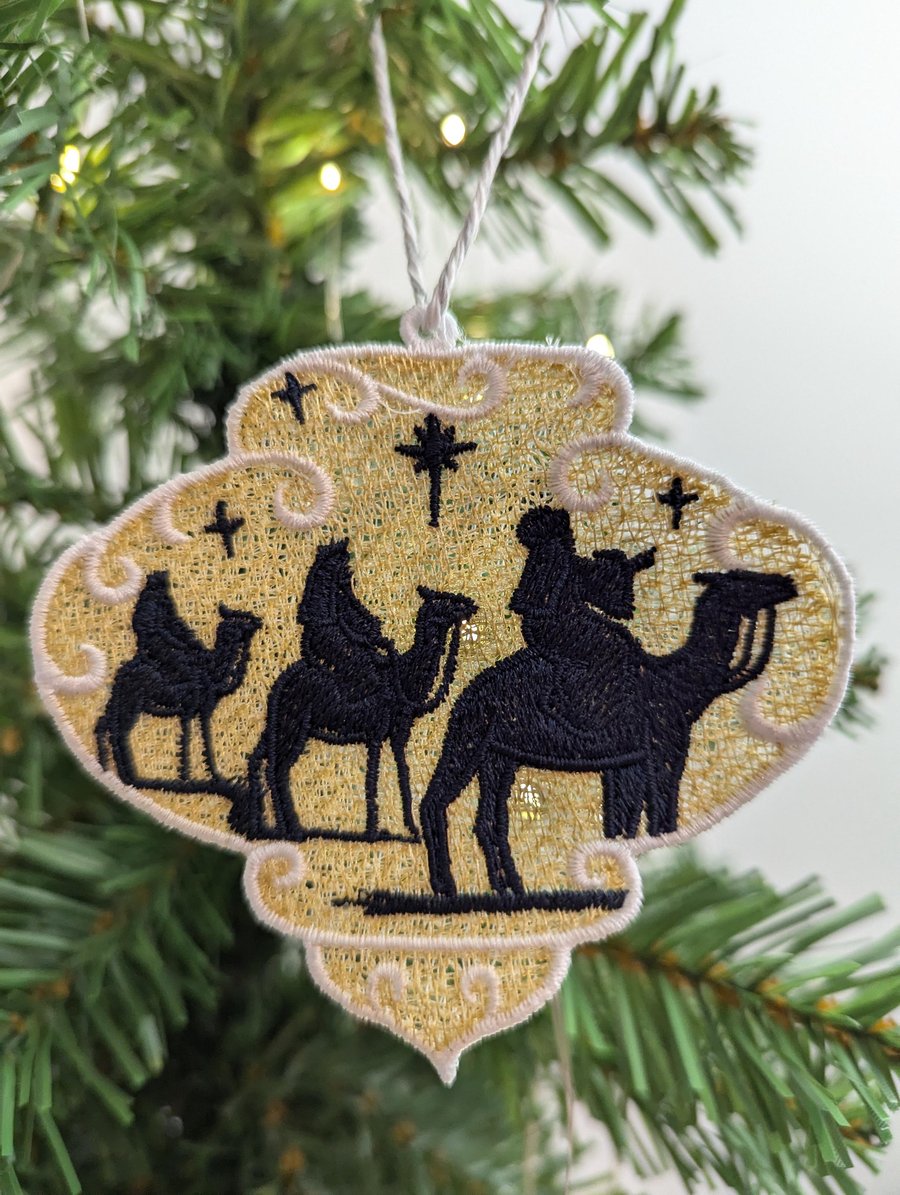 Hanging nativity decoration, machine embroidery, first Christmas