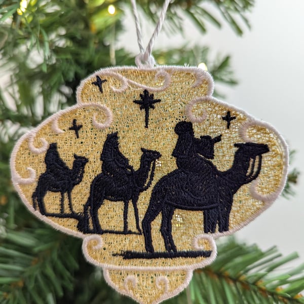 Hanging nativity decoration, machine embroidery, first Christmas