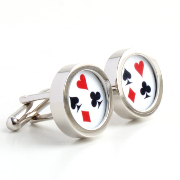 Playing Card Poker Cufflinks with Hearts. Clubs, Diamonds and Spades