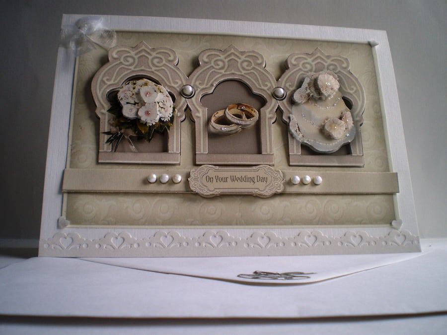 Handmade Decoupage 3D WeddingCard, Personalise, cream