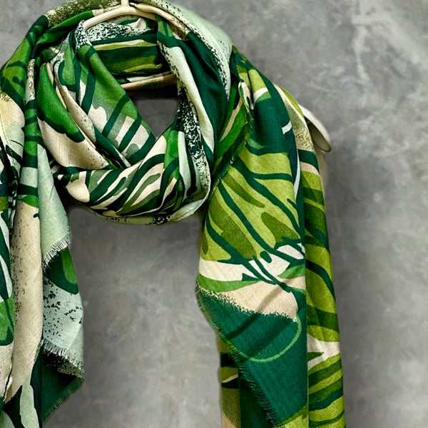 Green Scarf Featuring Geometric Large Flowers Cotton Blend Scarf for Women.