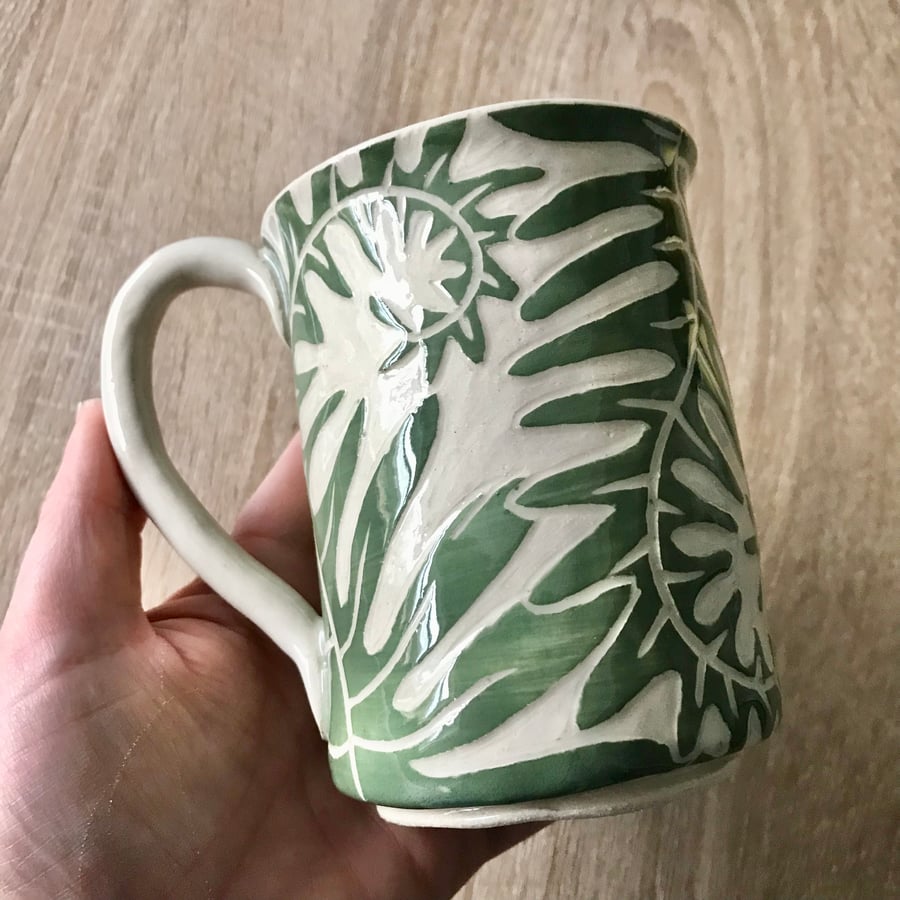 Handmade stoneware sgraffito Fern mug seconds sunday