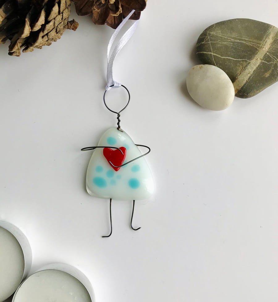Fused glass girl, hug, heart, gift for friend