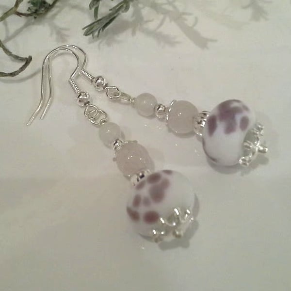 Hand Made Frit Lampwork Bead & Rose Quartz Earrings Silver Plate
