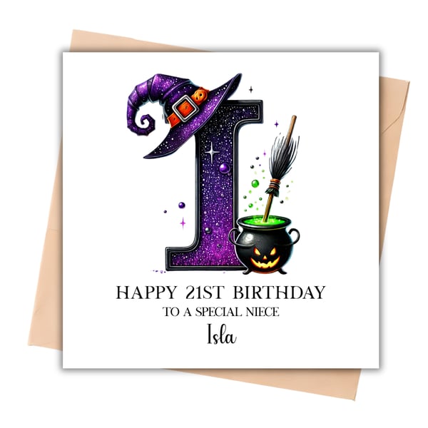 Any Initial - Purple Witch Alphabet Happy Birthday Card