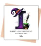 Any Initial - Purple Witch Alphabet Happy Birthday Card