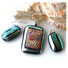 Dichroic Glass Pendant Earring Set 106 Silver Florentine and silver plated chain