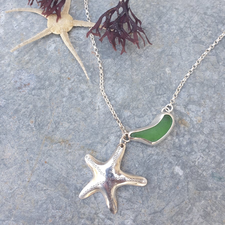 Silver starfish and seaglass pendant