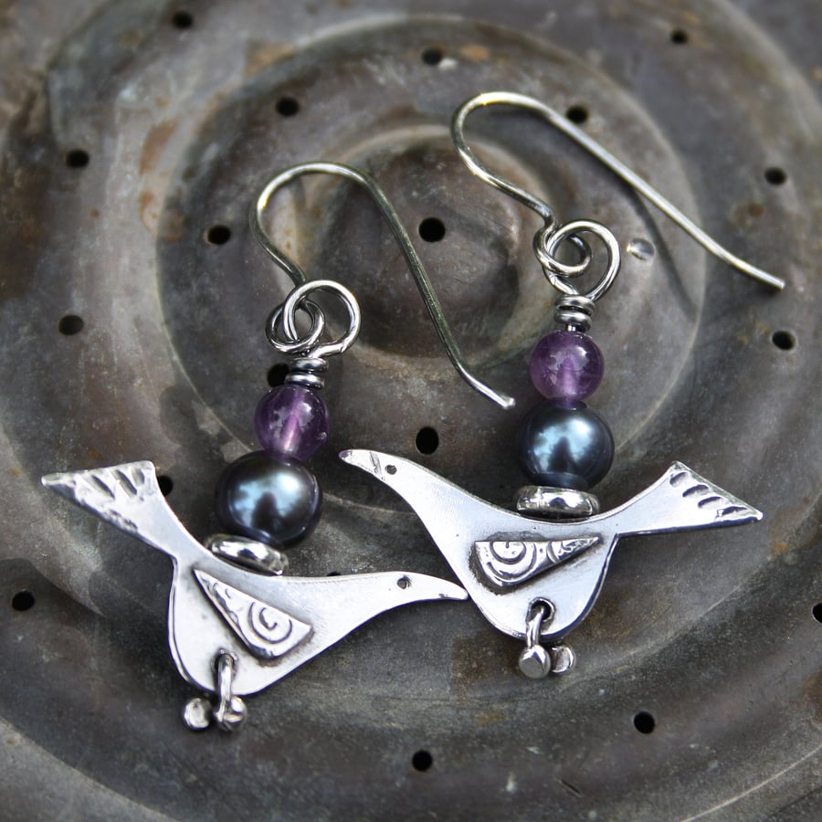 silver blackbird earrings with black pearl and amethyst.