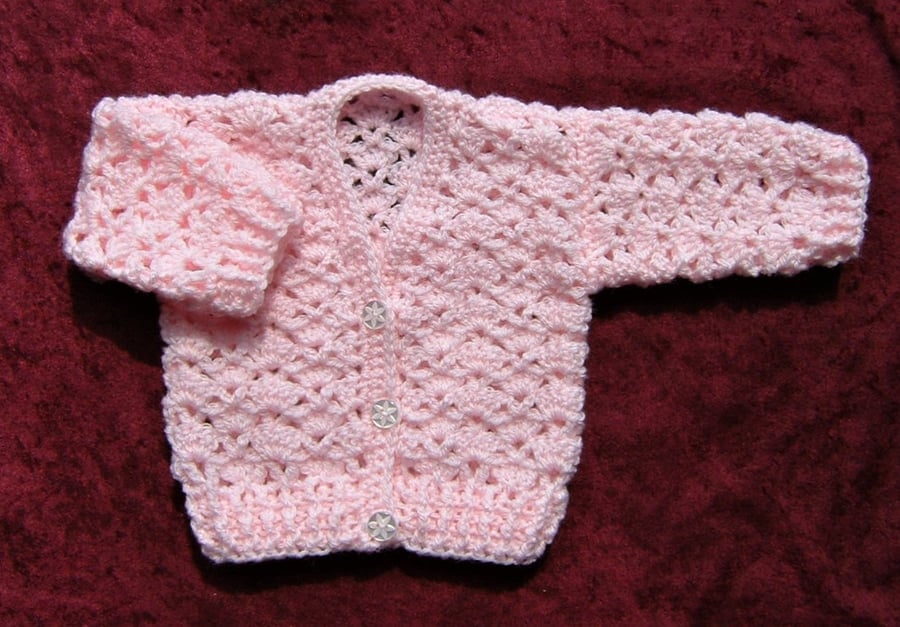 Crochet Pink lacy cardigan 0-3 months (ref 16176)