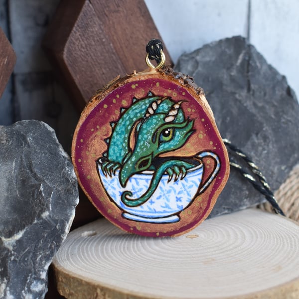 There's a Dragon in my Teacup! Pyrography hanging wood slice decoration