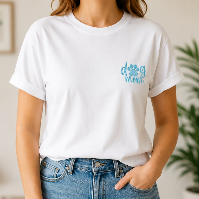 Dog Mom Embroidered T-Shirt – White & Turquoise