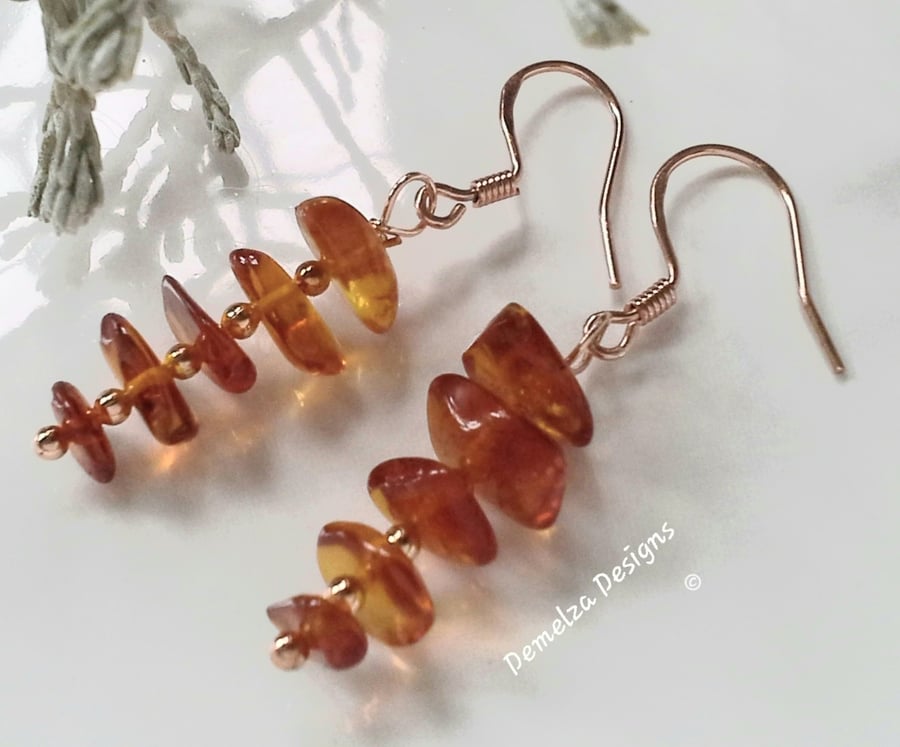 Baltic Amber Rose  Gold Vermeil over 925 Sterling Silver Earrings