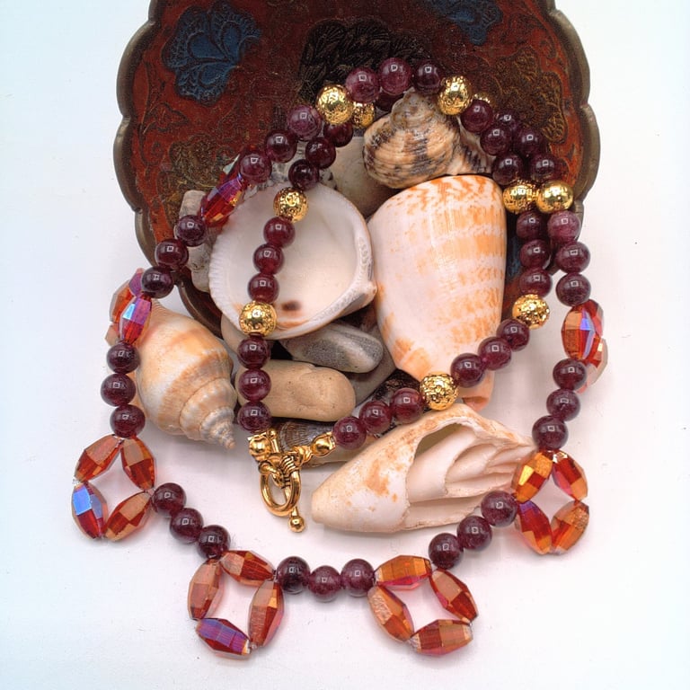 Red Crystal Circles on a Garnet Red And Gold Lava Beaded Necklace, Gift for Her