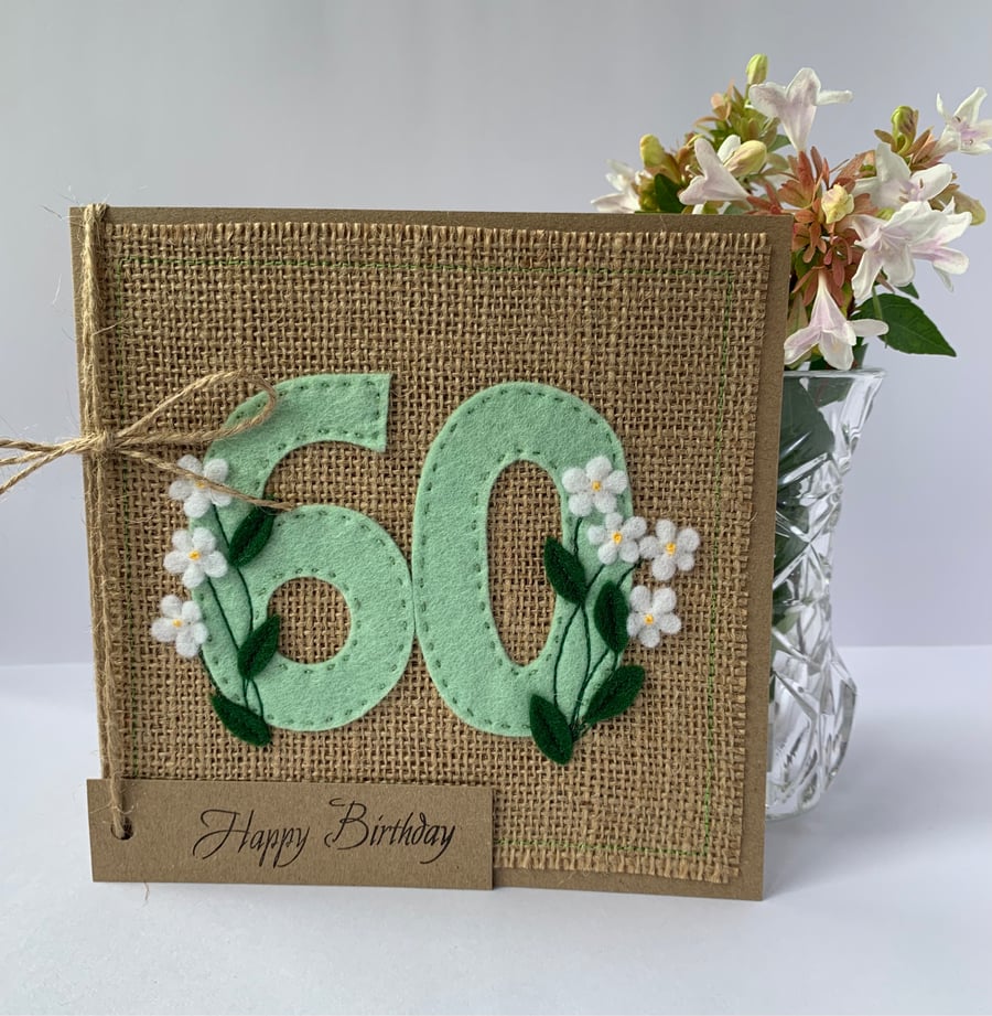 Handmade 60th Birthday Card. Felt. Keepsake Card. Textile card.