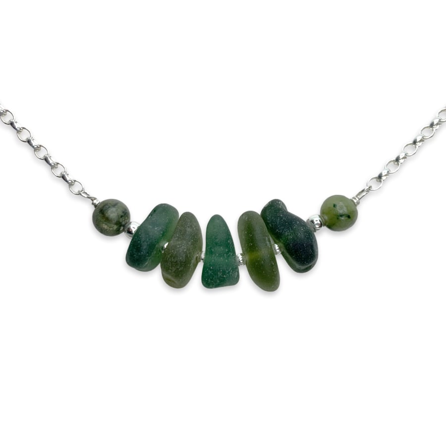 Sea Glass Necklace - Olive Green and Jade Crystal Sterling Silver Jewellery