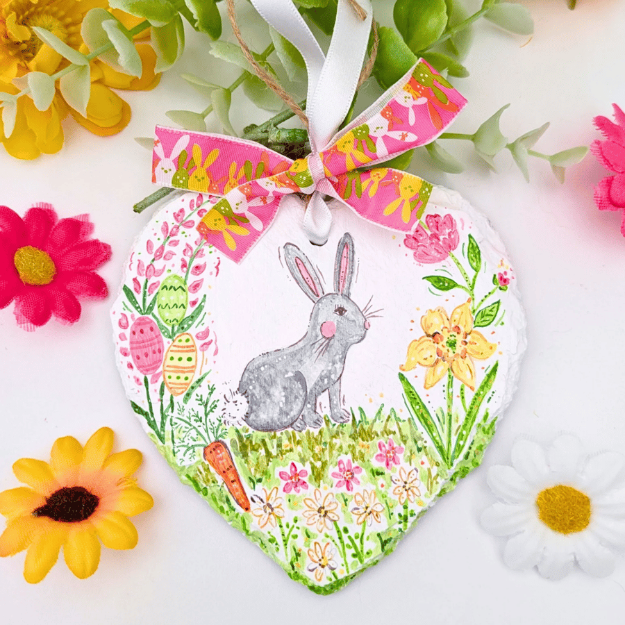 Easter Bunny hand-painted slate heart decoration 