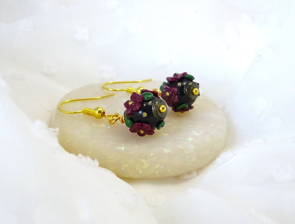 Black and Burgundy Floral Earrings, Whimsy Goth, Dark Cottagecore Earrings