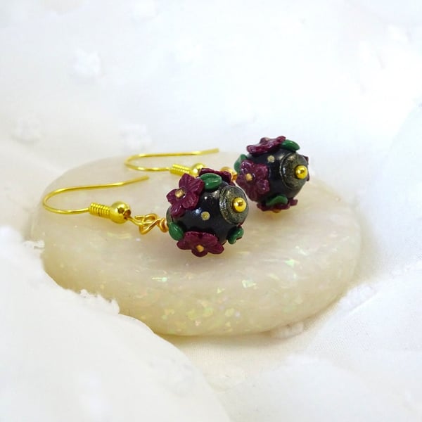 Black and Burgundy Floral Earrings, Whimsy Goth, Dark Cottagecore Earrings