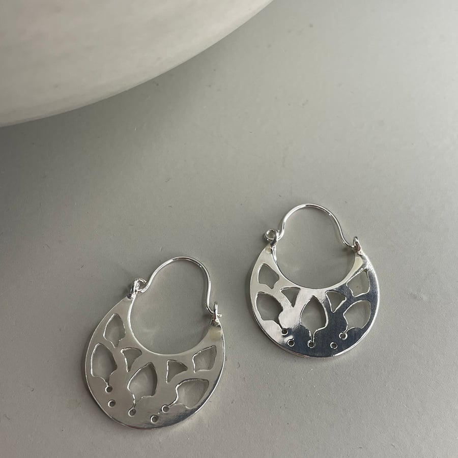 Sterling silver tribal patterned large circular hoop earrings