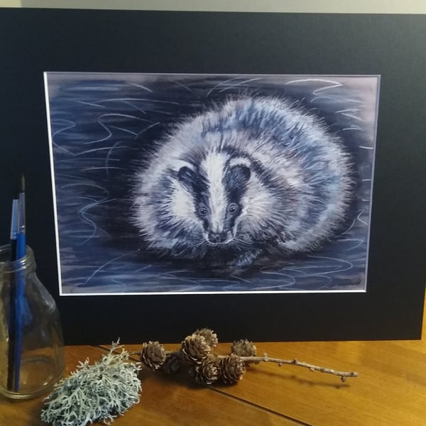 A4 signed print of an original pastel drawing of a Badger