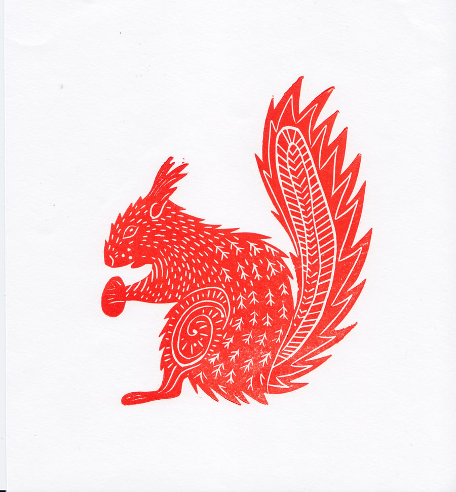 Original lino cut print "Red Squirrel"