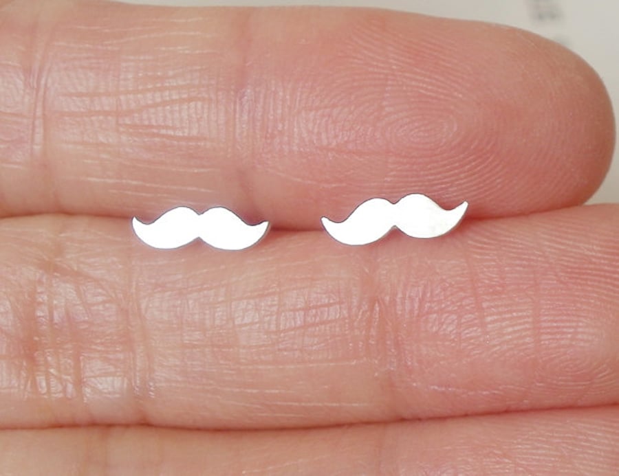  moustache earring studs, handmade in sterling silver