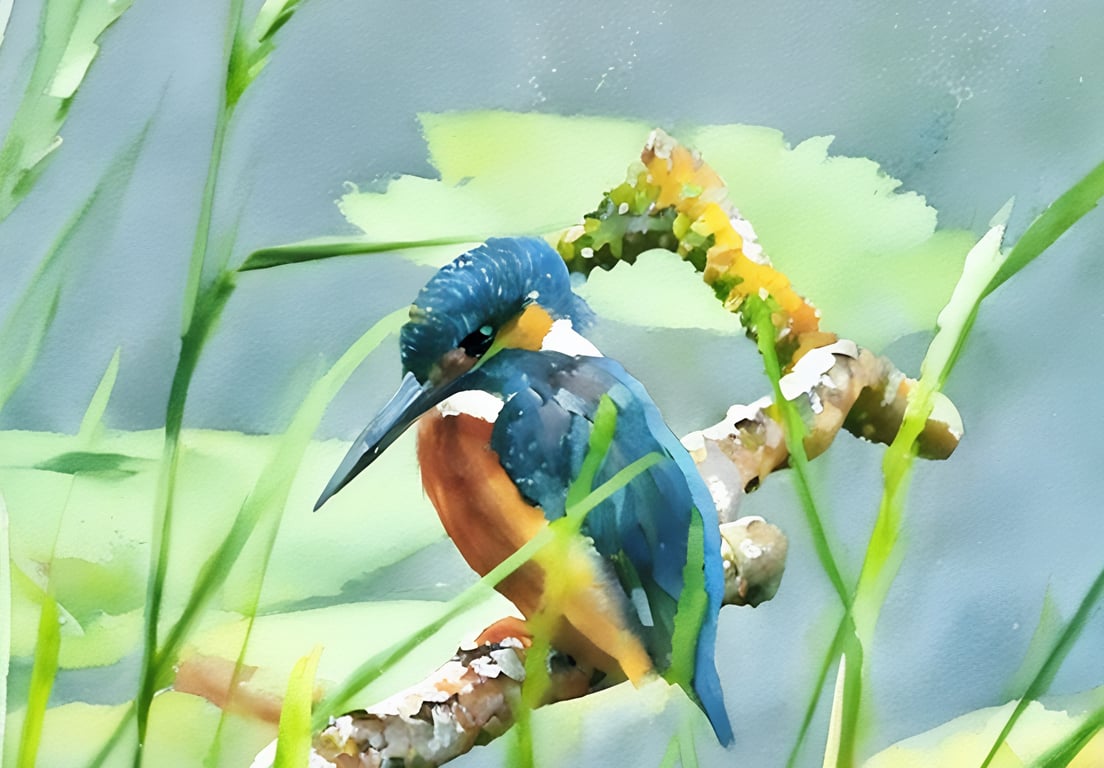 Print of Original Water Colour A4 Kingfisher in Reeds