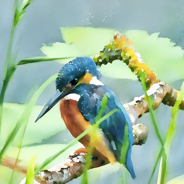 Print of Original Water Colour A4 Kingfisher in Reeds