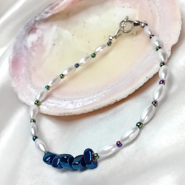 Blu Ray Hematite & Pearl Bracelet