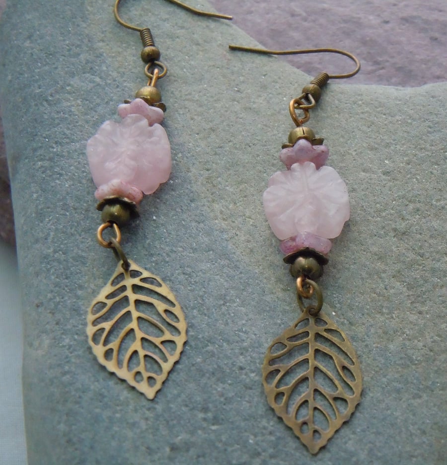 Rose Quartz, Czech glass & leaf charm earrings