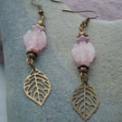 Rose Quartz, Czech glass & leaf charm earrings