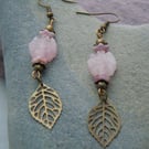 Rose Quartz, Czech glass & leaf charm earrings