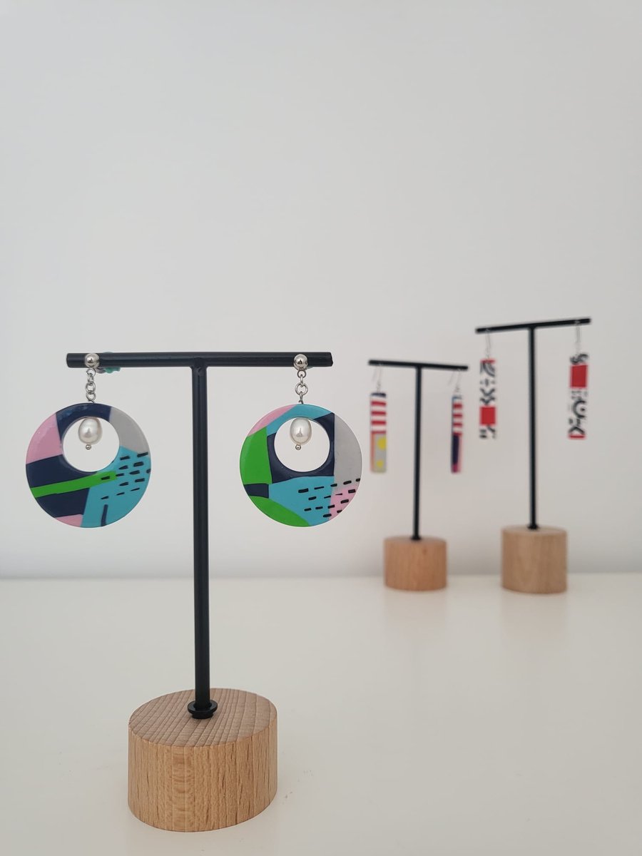 Handmade Polymer Clay Dangle Earrings -  Abstract Pearl Hoops